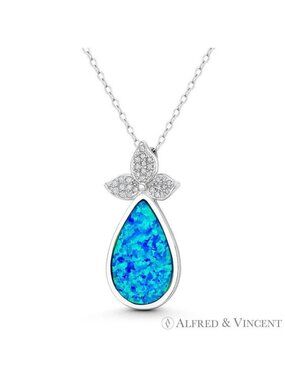 Pear Fruit Charm Created Opal & CZ Crystal Pendant in .925 Sterling Silver